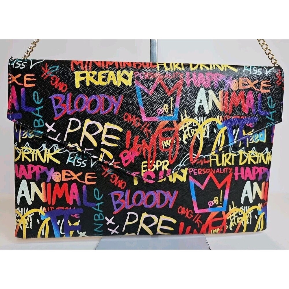 NEW GRAFFITI GLAM CLUTCH 11.25" W x 7.5" H with 23" Gold Tone Shoulder Strap - Picture 2 of 9
